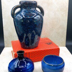 Set of 3 Studio Blue Drip Glaze Pottery Pieces Large/Bud Vase Small Planter